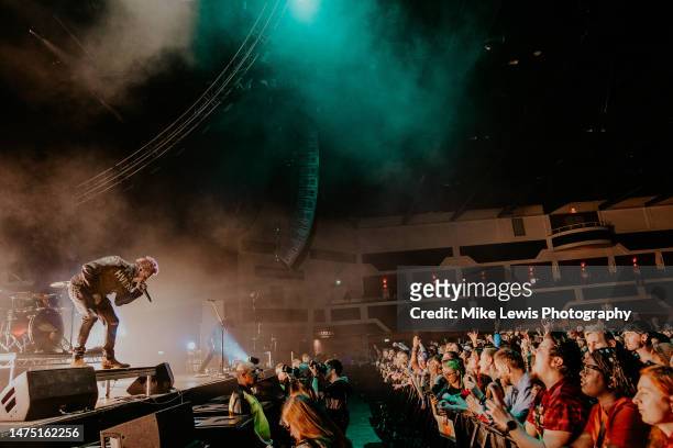 Jacoby Shaddix of Papa Roach performs on stage at Cardiff International Arena on March 21, 2023 in Cardiff, Wales.
