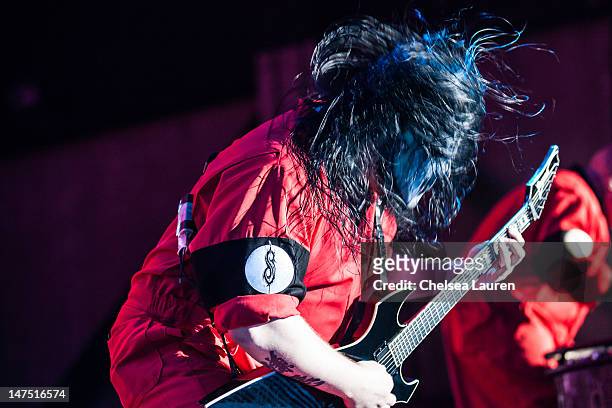 Guitarist Mick Thomson of Slipknot performs at the Rockstar Energy Drink Mayhem Festival at San Manuel Amphitheater on June 30, 2012 in San...