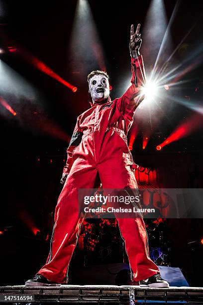 Vocalist Corey Taylor of Slipknot performs at the Rockstar Energy Drink Mayhem Festival at San Manuel Amphitheater on June 30, 2012 in San...