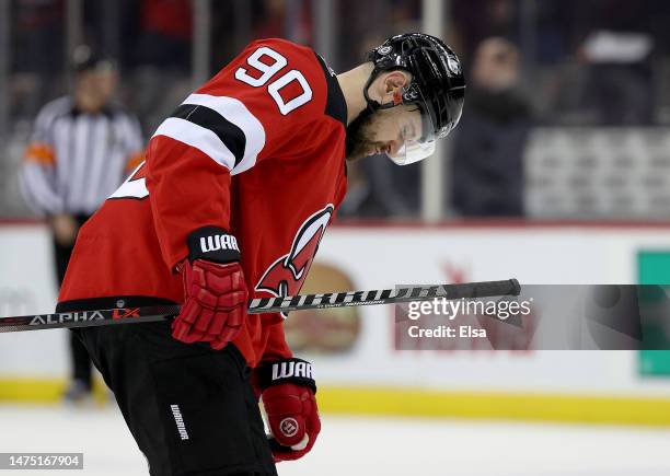 Tomas Tatar of the New Jersey Devils skates off after the loss in overtime to the Minnesota Wild at Prudential Center on March 21, 2023 in Newark,...