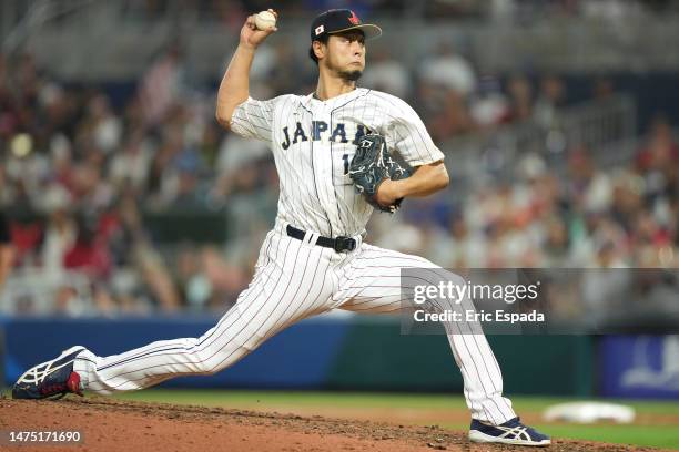 Yu Darvish of Team Japan pitches in the eighth inning against Team USA during the World Baseball Classic Championship at loanDepot park on March 21,...