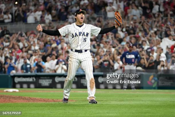 Shohei Ohtani of Team Japan reacts after the final out of the World Baseball Classic Championship defeating Team USA 3-2 at loanDepot park on March...