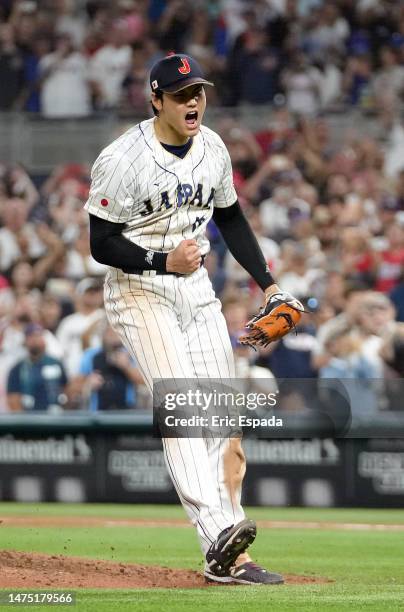 Shohei Ohtani of Team Japan reacts after the final out of the World Baseball Classic Championship defeating Team USA 3-2 at loanDepot park on March...