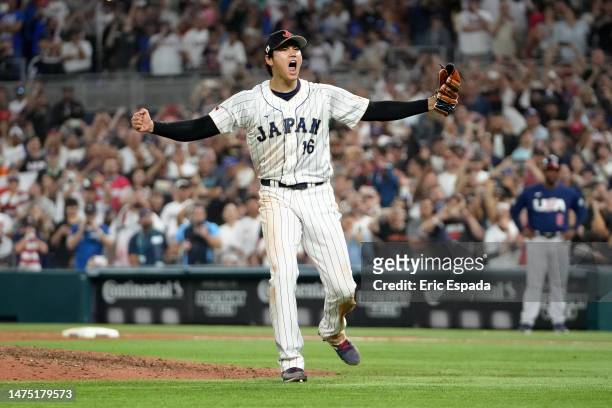 Shohei Ohtani of Team Japan reacts after the final out of the World Baseball Classic Championship defeating Team USA 3-2 at loanDepot park on March...