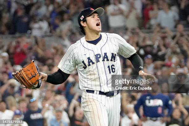 Shohei Ohtani of Team Japan reacts after the final out of the World Baseball Classic Championship defeating Team USA 3-2 at loanDepot park on March...