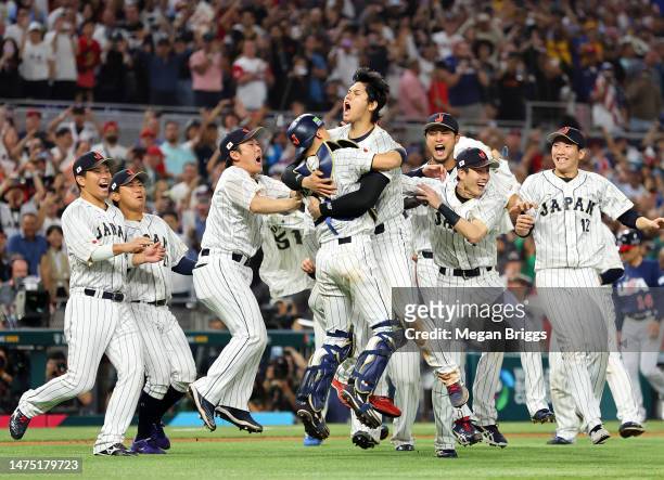 Team Japan celebrates after the final out of the World Baseball Classic Championship defeating Team USA 3-2 at loanDepot park on March 21, 2023 in...