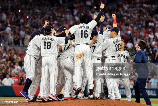 Team Japan celebrates after the final out of the World Baseball Classic Championship defeating Team USA 3-2 at loanDepot park on March 21, 2023 in...