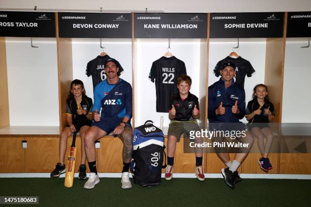 Blair Tickner and Will Young of the Blackcaps meet with flood and cyclone affected children Jaxon Walker, Wilis McGovern and Aila Wills from...