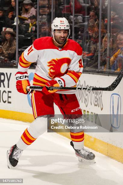 Nazem Kadri of the Calgary Flames skates on the ice during the first period against the Anaheim Ducks at Honda Center on March 21, 2023 in Anaheim,...