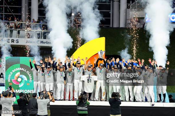 Team Japan celebrates after defeating Team USA in the World Baseball Classic Championship at loanDepot park on March 21, 2023 in Miami, Florida.