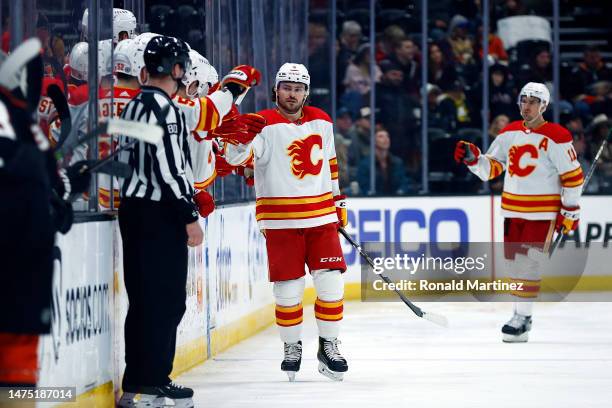 Rasmus Andersson of the Calgary Flames celebrates a goal against the Anaheim Ducks in the second period at Honda Center on March 21, 2023 in Anaheim,...