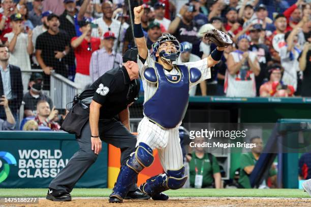 Yuhei Nakamura of Team Japan celebrates after defeating Team USA during the World Baseball Classic Championship at loanDepot park on March 21, 2023...