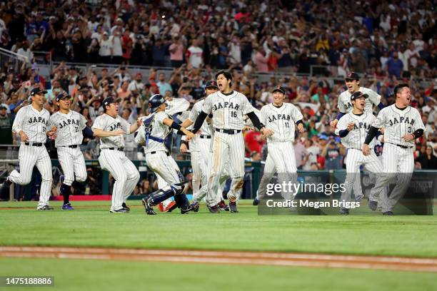 Shohei Ohtani of Team Japan celebrates after defeating Team USA during the World Baseball Classic Championship at loanDepot park on March 21, 2023 in...