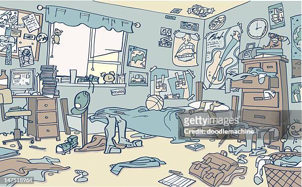 unordentlich teenager zimmer mit kleidung und bücher überall - schlafzimmer stock-grafiken, -clipart, -cartoons und -symbole