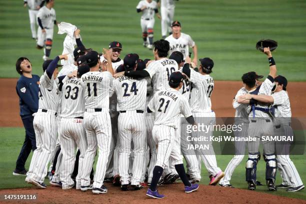 Team Japan celebrates after defeating Team USA 3-2 in the World Baseball Classic Championship at loanDepot park on March 21, 2023 in Miami, Florida.