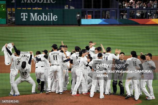 Team Japan celebrates after defeating Team USA 3-2 in the World Baseball Classic Championship at loanDepot park on March 21, 2023 in Miami, Florida.