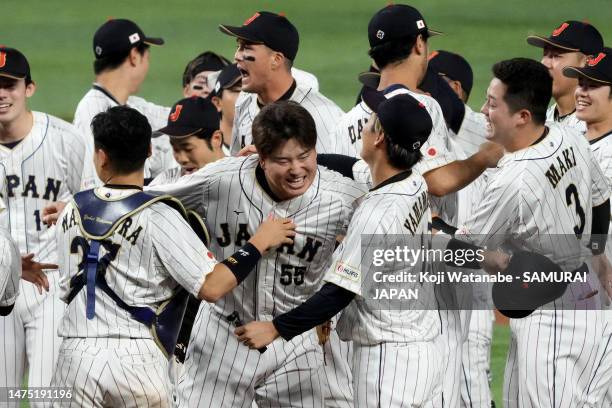 Team Japan celebrates after the final out of the World Baseball Classic Championship defeating Team USA 3-2 at loanDepot park on March 21, 2023 in...