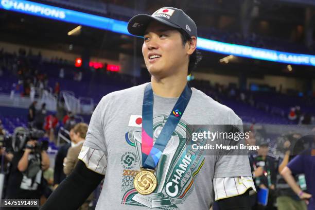 Shohei Ohtani of Team Japan celebrate after defeating Team USA 3-2 in the World Baseball Classic Championship at loanDepot park on March 21, 2023 in...