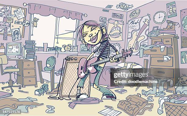 bildbanksillustrationer, clip art samt tecknat material och ikoner med young woman playing guitar in messy room - bedroom radio