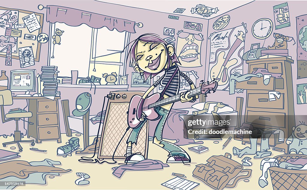 Young Woman Playing Guitar in Messy Room