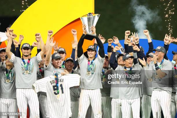 Team Japan celebrates after defeating Team USA in the World Baseball Classic Championship at loanDepot park on March 21, 2023 in Miami, Florida.