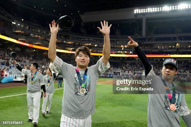 Munetaka Murakami of Team Japan celebrates after defeating Team USA 3-2 during the World Baseball Classic Championship at loanDepot park on March 21,...