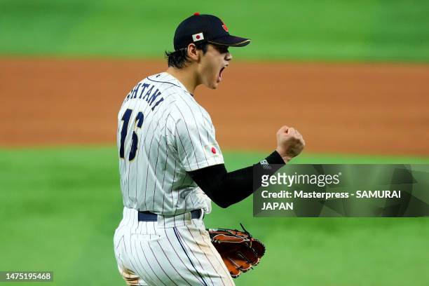 Shohei Ohtani of Team Japan celebrates the double play in the ninth inning during the World Baseball Classic Championship at loanDepot park on March...