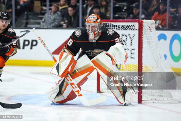John Gibson of the Anaheim Ducks defends the net during the second period against the Calgary Flames at Honda Center on March 21, 2023 in Anaheim,...