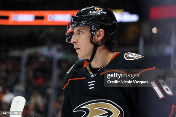 Ryan Strome of the Anaheim Ducks looks on during the second period against the Calgary Flames at Honda Center on March 21, 2023 in Anaheim,...