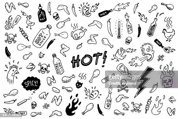 stockillustraties, clipart, cartoons en iconen met spicy chicken doodle drawings - vervuiling