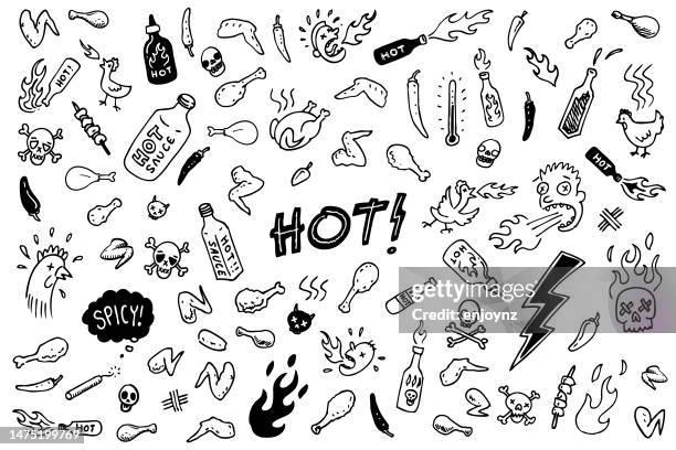 spicy chicken doodle drawings - chiken illustration stock illustrations