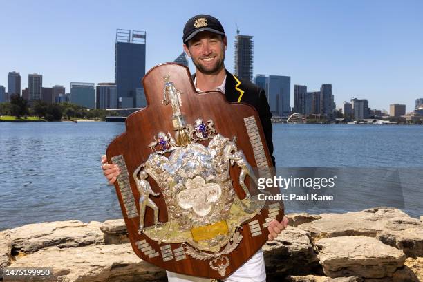 Sam Whiteman of Western Australia poses with the Sheffield Shield during the Sheffield Shield Final media opportunity at Millers' Pool on March 22,...