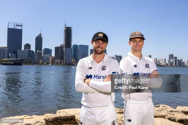 Sam Whiteman of Western Australia and Peter Handscomb of Victoria pose during the Sheffield Shield Final media opportunity at Millers' Pool on March...