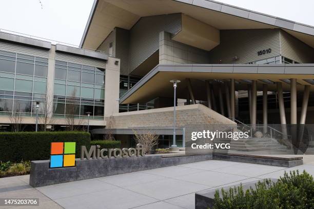 Microsoft sign is seen at the company's headquarters on March 19, 2023 in Seattle, Washington.