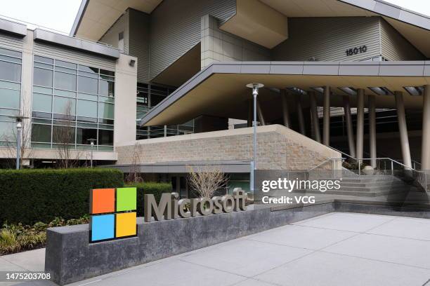 Microsoft sign is seen at the company's headquarters on March 19, 2023 in Seattle, Washington.