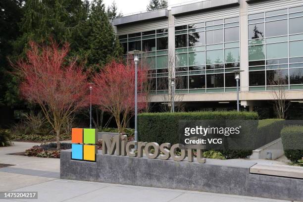 Microsoft sign is seen at the company's headquarters on March 19, 2023 in Seattle, Washington.