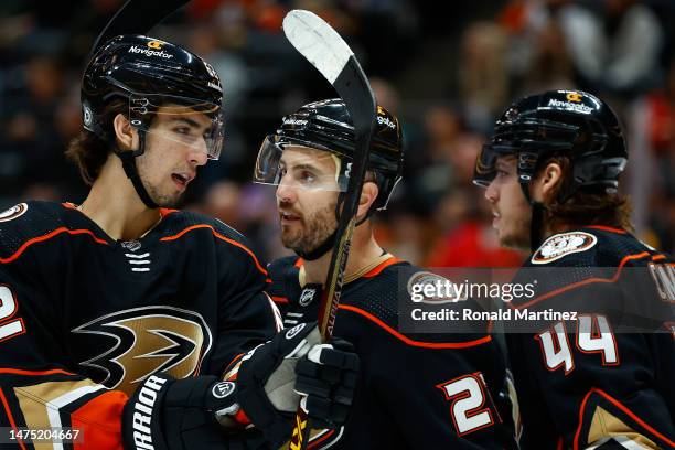 Nikita Nesterenko and Kevin Shattenkirk of the Anaheim Ducks in the third period at Honda Center on March 21, 2023 in Anaheim, California.