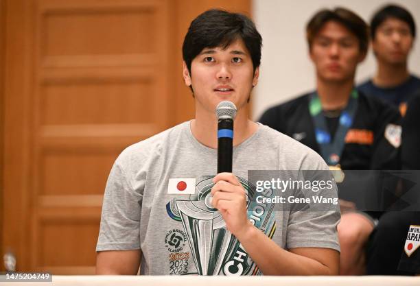 Shohei Ohtani of Team Japan talks in the post game press conference after the World Baseball Classic Championship against Team USA at loanDepot park...