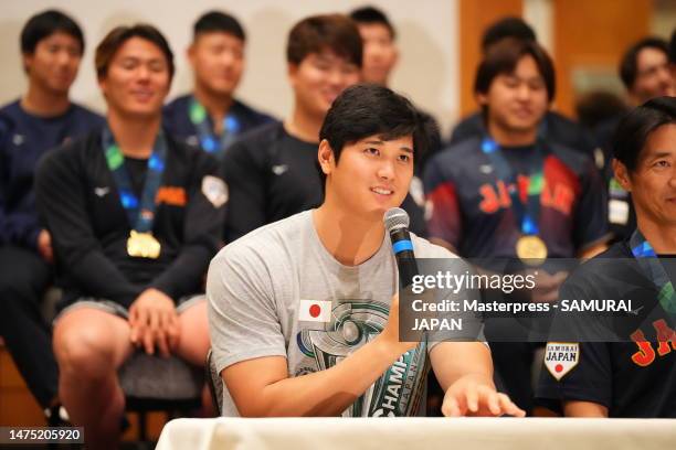 Shohei Ohtani of Team Japan speaks during a press conference following the World Baseball Classic Championship game between United States and Japan...