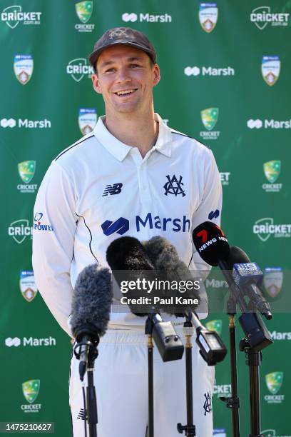 Peter Handscomb of Victoria talks to the media during the Sheffield Shield Final media opportunity at Millers' Pool on March 22, 2023 in Perth,...