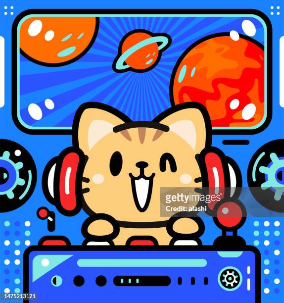 a cute little cat is piloting an unlimited power spaceship arriving on mars - captain planet 幅插畫檔、美工圖案、卡通及圖標