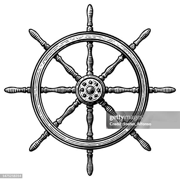 ilustrações de stock, clip art, desenhos animados e ícones de vector drawing of a ship's steering wheel - steering wheel