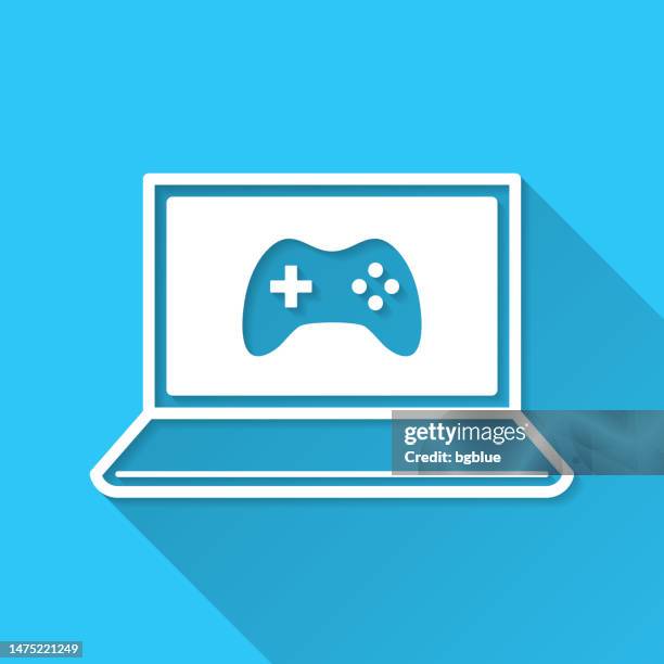 video game on laptop. icon on blue background - flat design with long shadow - console controller isolated stock illustrations
