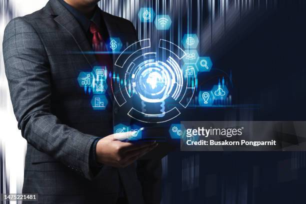 businessman hand working tablet with technology digital graphic design - interview icon stock pictures, royalty-free photos & images