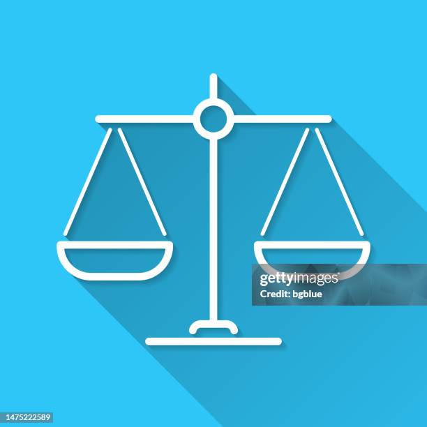 balance. icon on blue background - flat design with long shadow - scale icon vector stock illustrations