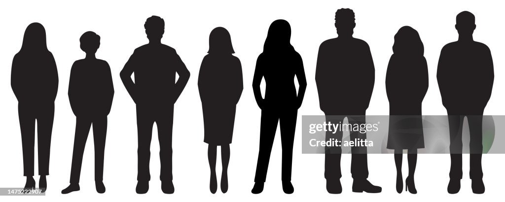 Vektorzeichen - Silhouetten. Unkenntliche Porträts von Frauen und Männern. Gruppe von Menschen.