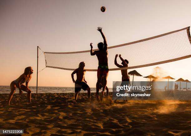 spielen sie volleyball am strand bei sonnenuntergang! - strandvolleyball spielerin stock-fotos und bilder