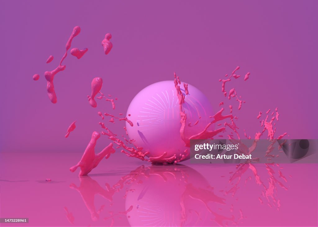 3D render of balloon splashing the floor in studio set with drops.