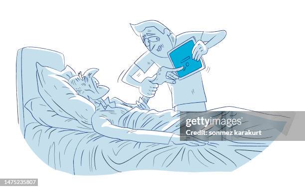 ilustraciones, imágenes clip art, dibujos animados e iconos de stock de niño quiere desbloquear computadora con huella digital de anciano moribundo - residencia de ancianos