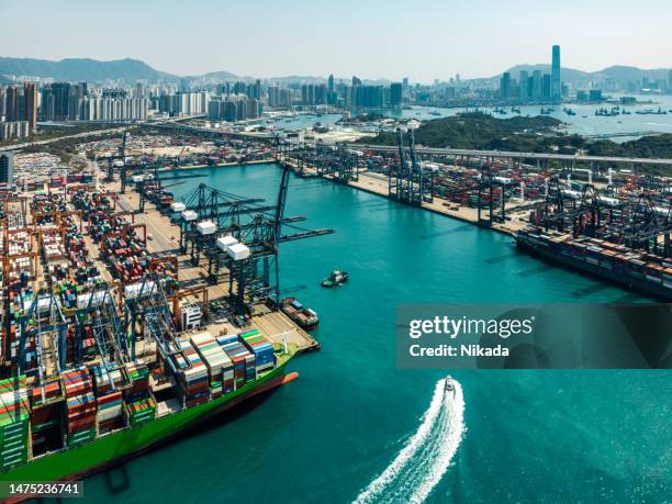 container cargo freight ship terminal in hongkong, china - china economy stock pictures, royalty-free photos & images